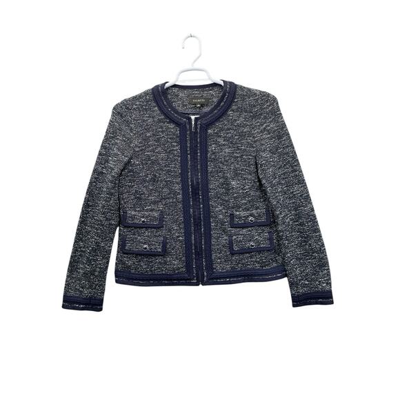 TALBOTS Black Tweed Knit Open Front Blazer Cardigan Jacket Womens Size 12 Navy - Picture 1 of 16